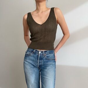 Zara knit V neck tank top olive green